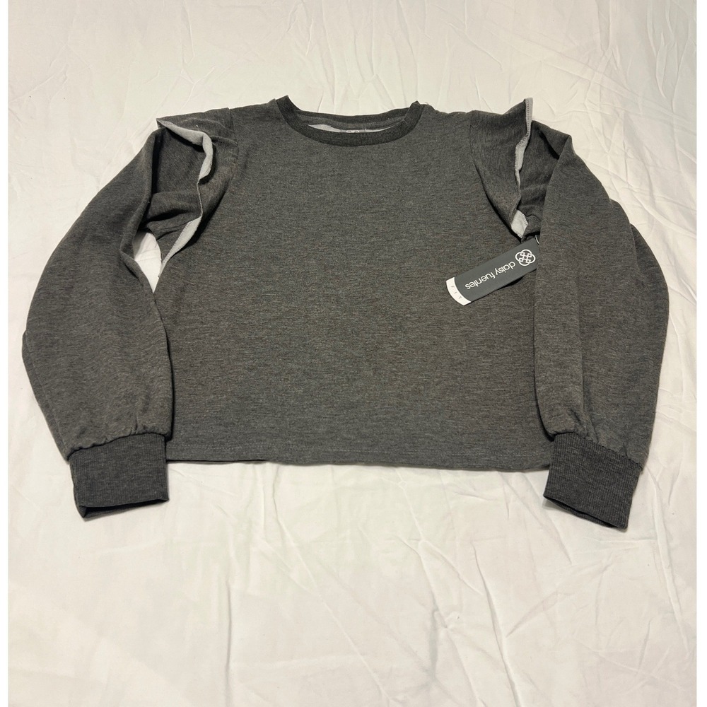 Daisy Fuentes Women Charcoal Grey Ruffle Shoulder Fleece Sweatshirt Small NWT